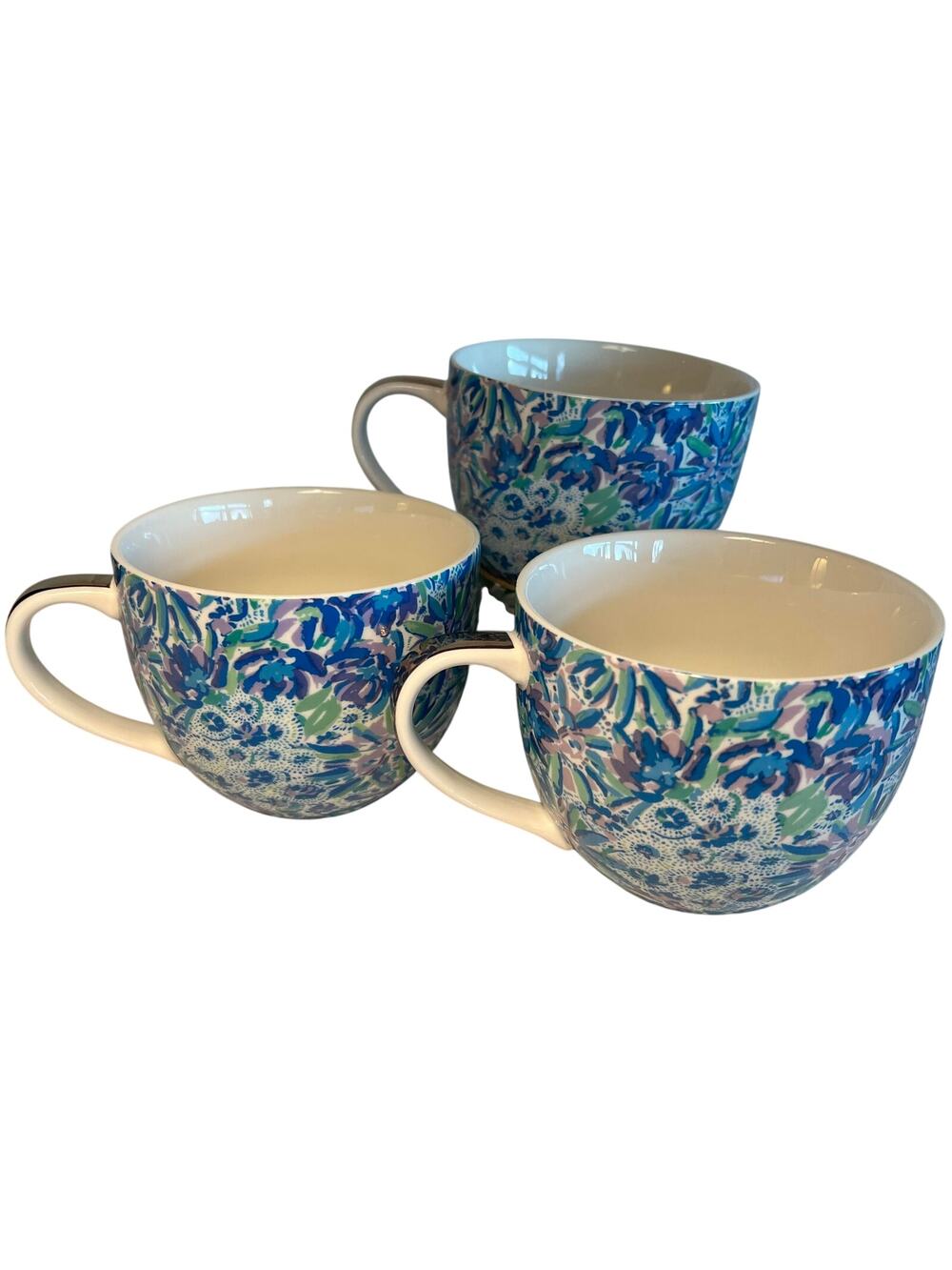 Lilly Pulitzer Floral Gold Coffee Mugs With Hidden/Blended In Cat Faces Set of 3
